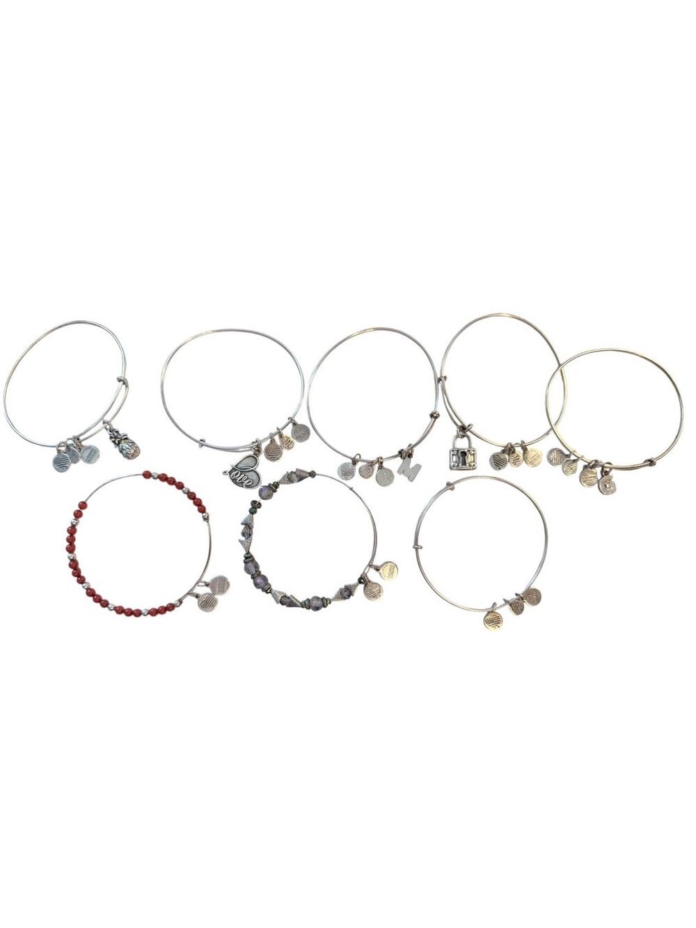 Alex and Ani 8 Charm Bracelets Stack Red Silver Beaded Pineapple Lock Love M G